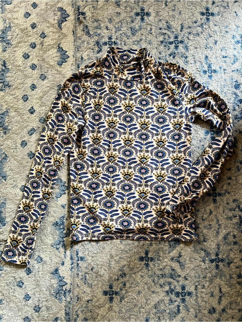 Scotch & Soda Blue, Cream & Gold Printed Mock Neck Top